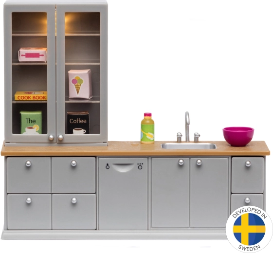 Lundby konyhabútor babaházba tálalószekrénnyel és LED világítással