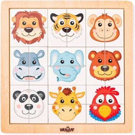 Woody fa állatos puzzle egzotikus állatfejekkel, 18 darab