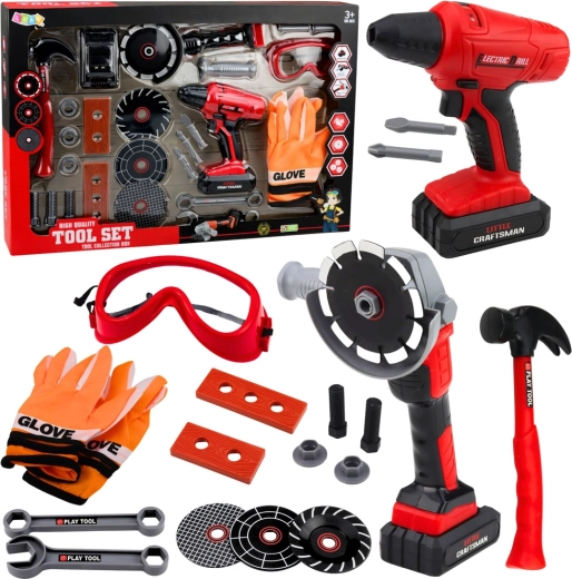 Nagy gyerek szerszámkészlet akkus fúróval és sarokcsiszolóval, 28 darab