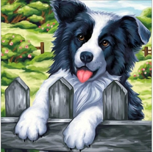 Gyémánt kirakó (diamond painting) „Kutya a kerítésen” kép 30 × 30 cm – 1 db