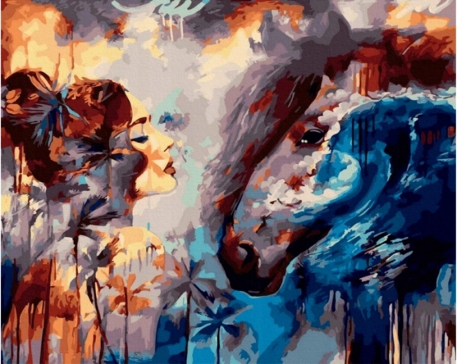 Számok szerinti festés vásznon keretben 50 × 40 cm Kilátás – nő és ló