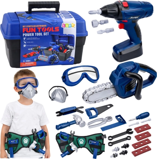 Gyermek szerszámkészlet szekrénnyel és akkus csavarhúzóval, 30 darab