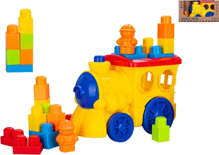 Színes vonat kockákkal és figurával, 28 cm