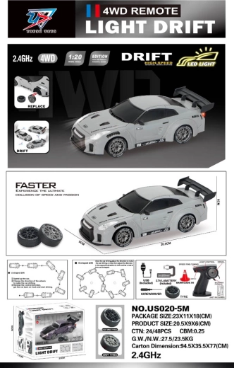 R/C drift autó 1:20 világítással szürke - 1 db