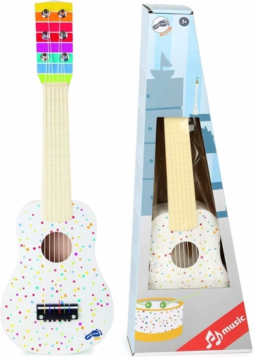 Fehér, pöttyös klasszikus gyermek fa gitár Small Foot