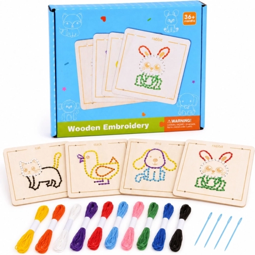 Fa Montessori fűzőcske gyerekeknek – 4 állatkás készlet hímzőfonallal