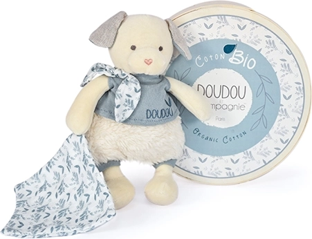 Ajándékkészlet Doudou - Plüss kutyus bio pamut takaróval 22 cm