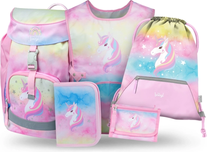 Baagl szett 5 Airy Rainbow Unicorn – iskolatáska, tolltartó, tornazsák, kötény és nyakba akasztható pénztárca