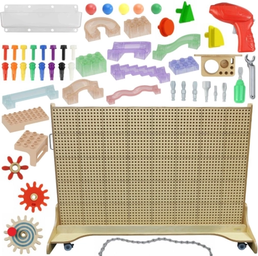 Masterkidz szabadon álló STEM fal tartozékokkal, tüskékkel, tálcákkal, kockákkal és szerszámokkal