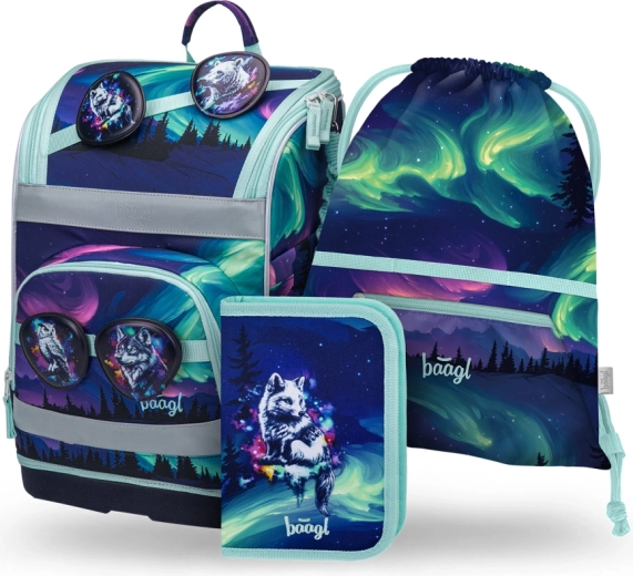 Baagl iskolai szett Zippy Plus Aurora – iskolatáska, tolltartó és tornazsák GRS tanúsítvánnyal