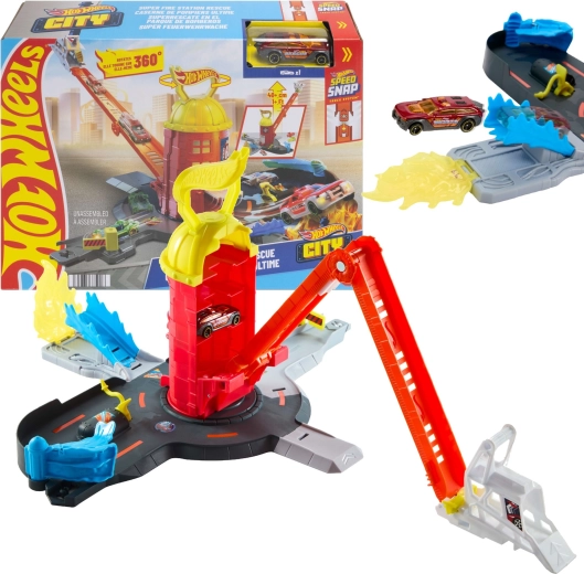 Hot Wheels City szuper tűzoltóállomás fém kisautóval