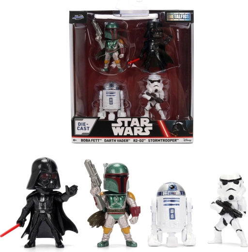 4 darabos STAR WARS Metalfigs figura szett – Darth Vader, R2‑D2, Rohamosztagos és Boba Fett