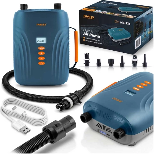 Neo-Sport vezeték nélküli elektromos pumpa SUP-hoz és felfújható felszerelésekhez, akkumulátorral, 20 PSI-ig, 6 adapterrel