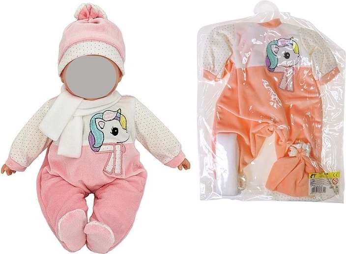 Babaruha 45 cm-es babához – rózsaszín overal unikornissal, sapka bojtokkal és sál