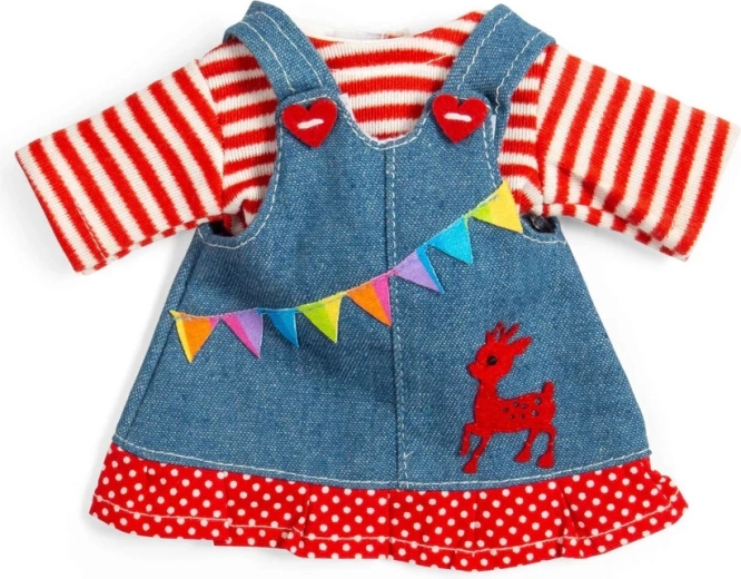 Bigjigs Toys farmer kantáros ruha csíkos pólóval 28 cm-es babához