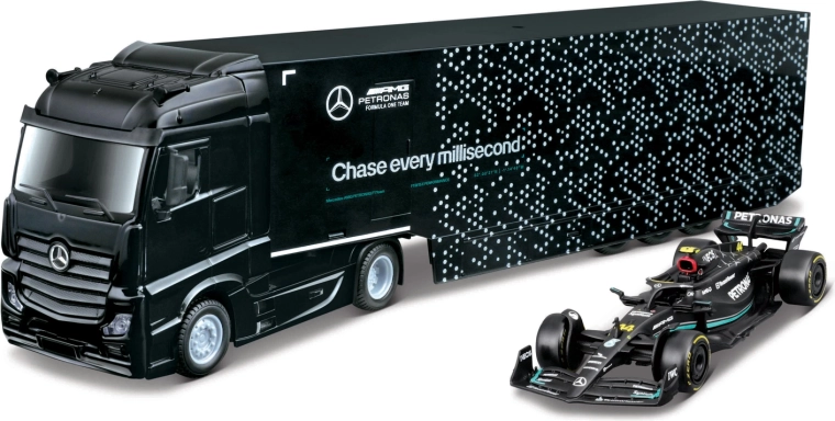 Bburago vontató kamion utánfutóval F1 szállításához és Mercedes-AMG Petronas W15 (2024) George Russell modell 1:43