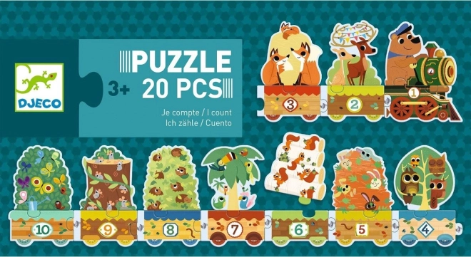 Djeco vonatos puzzle állatokkal és számokkal, 20 darabos