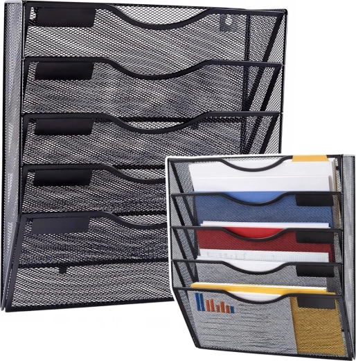 Fali fém A4 dokumentumszervező, 5 rekesszel, fekete