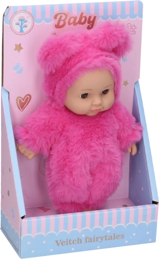 Baba sötétrózsaszín kosárkában, 19 cm