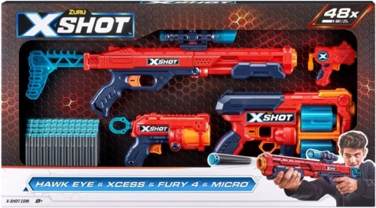 X-Shot Combo készlet: Hawk Eye + Xcess + Fury 4 + Micro pisztolyok