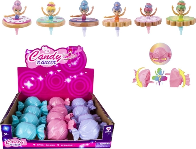 Forgó balerina baba pörgettyűként, ajándékcsomagolásban, cukorka alakban