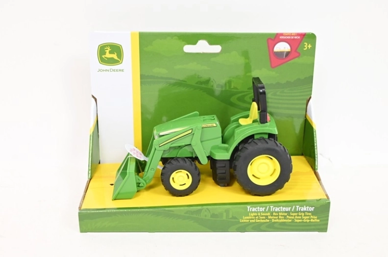 Tomy John Deere mini traktor emelhető első kanállal, fényekkel és hangokkal