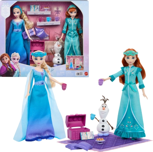 Mattel Disney Frozen pizsamaparti – Anna és Elsa babaszett Olaf-fal és kiegészítőkkel