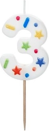 3-as számú születésnapi gyertya, fehér, konfettivel, 5,5 cm