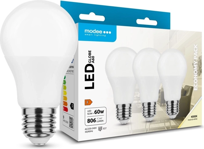 Modee LED izzó Globe A60 8,5 W E27, 806 lm, semleges fehér, 3 db-os csomag