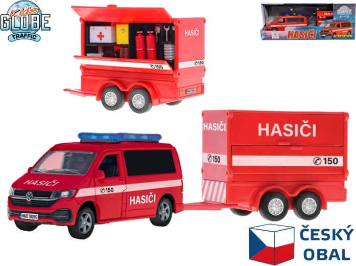 Kids Globe Traffic Volkswagen tűzoltó furgon utánfutóval, cseh dizájn