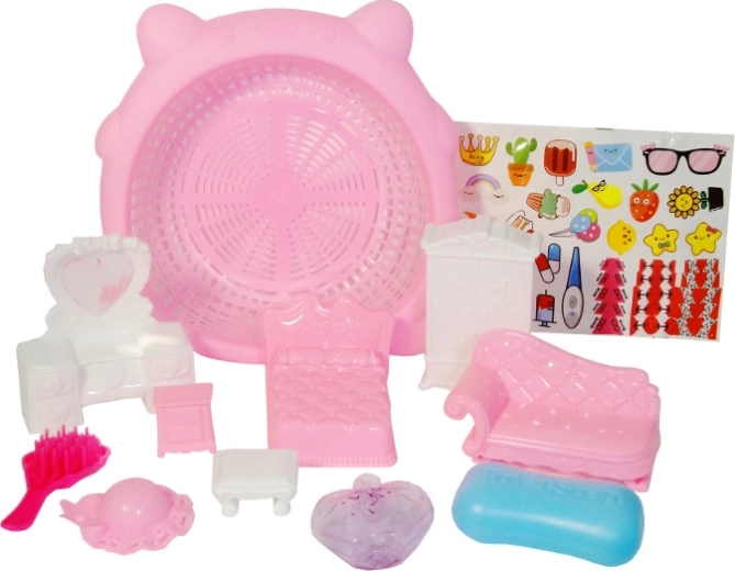 színes gyerekbútor szett kosárral és matricákkal