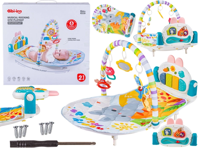 Interaktív baba pihenőszék ringató funkcióval és játszószőnyeggel, mini zongorával, csörgőkkel és projektorral
