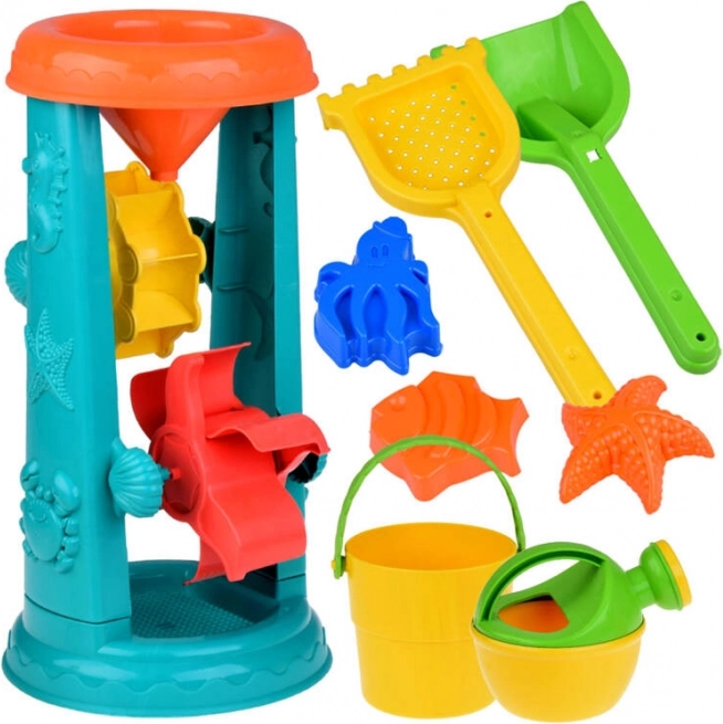 Nagy homokozó játék készlet vödörrel, gereblyével és vízikerékkel