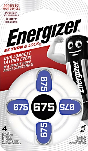 675-ös, 1,4 V-os hallókészülék gombelemek (4 db) Energizer