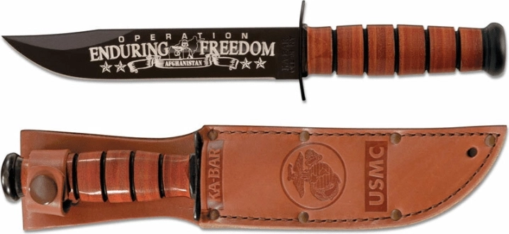Ka-Bar emlék katonai kés U.S.M.C. OEF Afghanistan 17,8 cm, fekete, bőr markolat, bőr tok