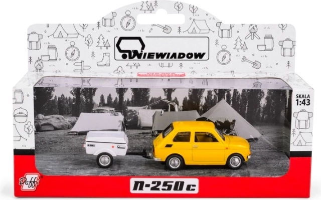 Fiat 126p rövid, sárga Niewiad K-612 lakókocsival