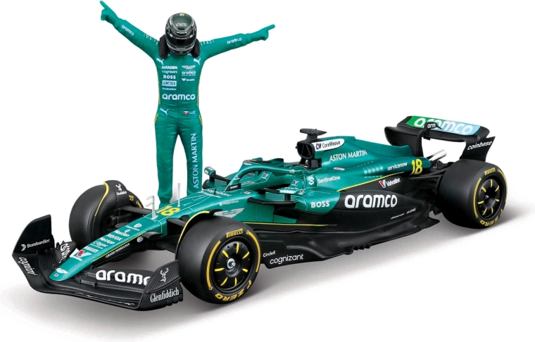 Bburago Forma–1 modell Aston Martin AMR25 2025 Lance Stroll (18-as rajtszám) 1:24, versenyző figurával