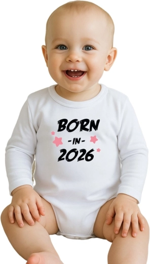 Újszülött pamut body nyomattal New Baby Born in 2026, rózsaszín, hosszú ujjú