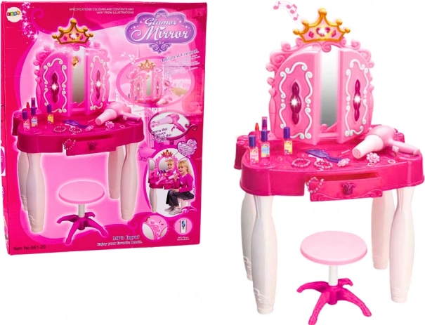 Gyermek fésülködőasztal varázspálcával és MP3-mal, rózsaszín