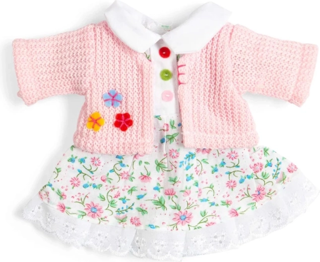 Bigjigs Toys virágmintás rózsaszín ruha és kardigán 28 cm-es babához