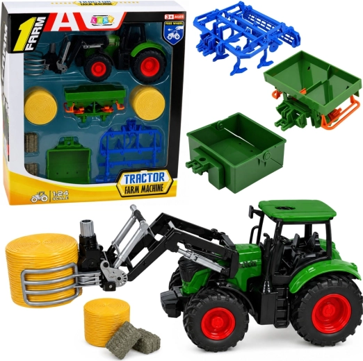 Gazdasági szett: traktor homlokrakodóval és bálafogóval 1:24