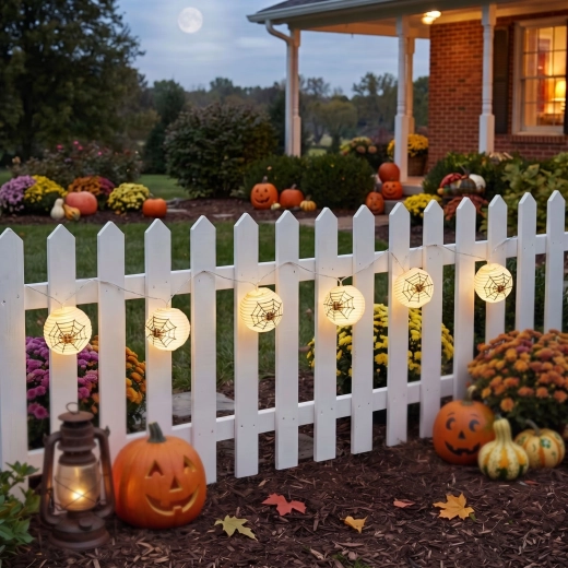 Halloween-i fényfüzér pókhálós lampionokkal
