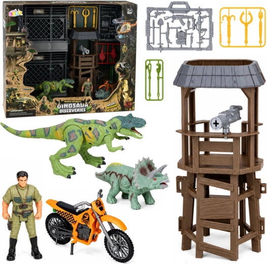 Dinoszaurusz kutatóállomás toronnyal, ketreccel, figurákkal és kiegészítőkkel