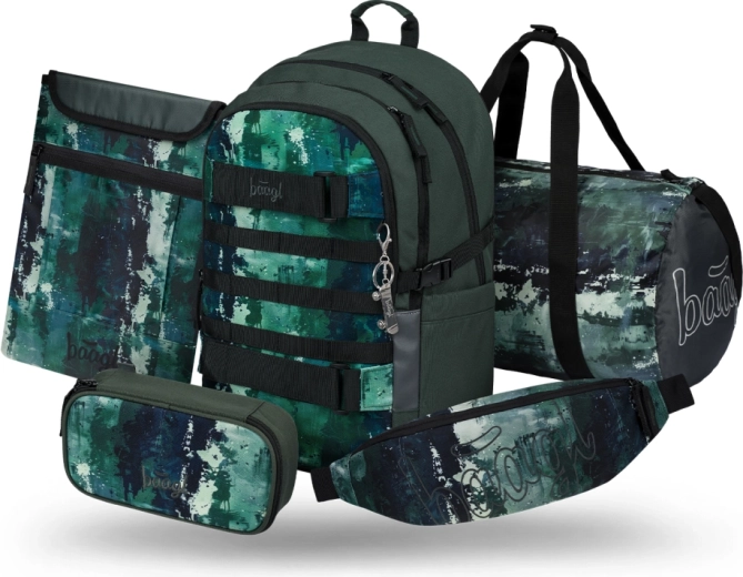 Baagl Skate Forest szett: iskolatáska, tolltartó, sporttáska, övtáska és laptop tok