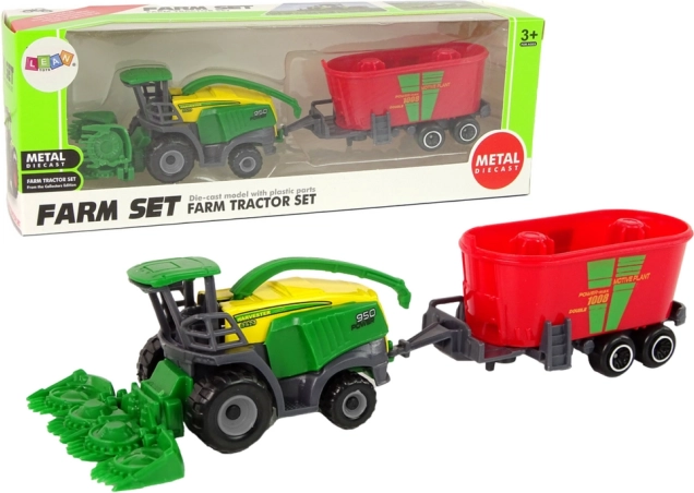 Kombájn utánfutóval – zöld‑piros mezőgazdasági gép, műanyag játék