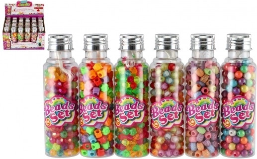 Műanyag gyöngyök zsinórral dobozkában – színmix