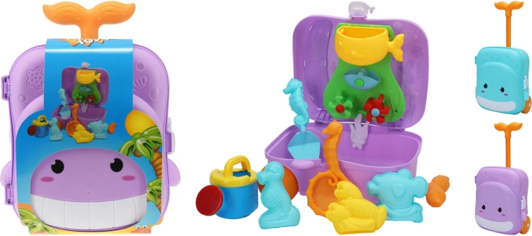 Homokozó formákkal ellátott kis bőrönd – 7 darabos készlet, vegyes színek