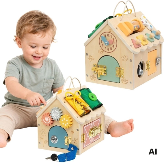 Tooky Toy fa készségfejlesztő aktivitásház feladatokkal és zárakkal