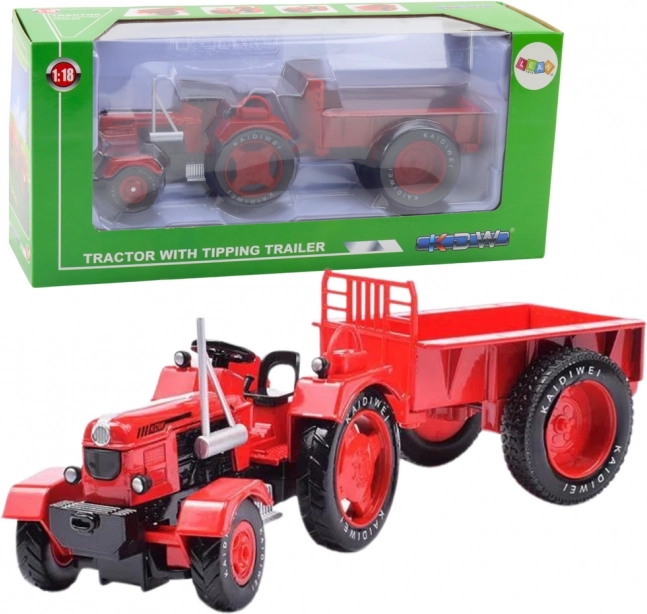 Fém piros traktor utánfutóval 1:18