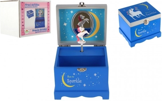 Born to Sparkle – kék, zenélő fa ékszerdoboz unikornissal